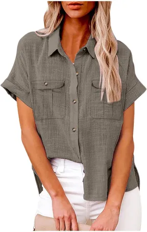 Womens Button Down Shirts Short Sleeve V Neck Casual Tunic Plain Trendy Blouses with Pockets Womens Summer Tops