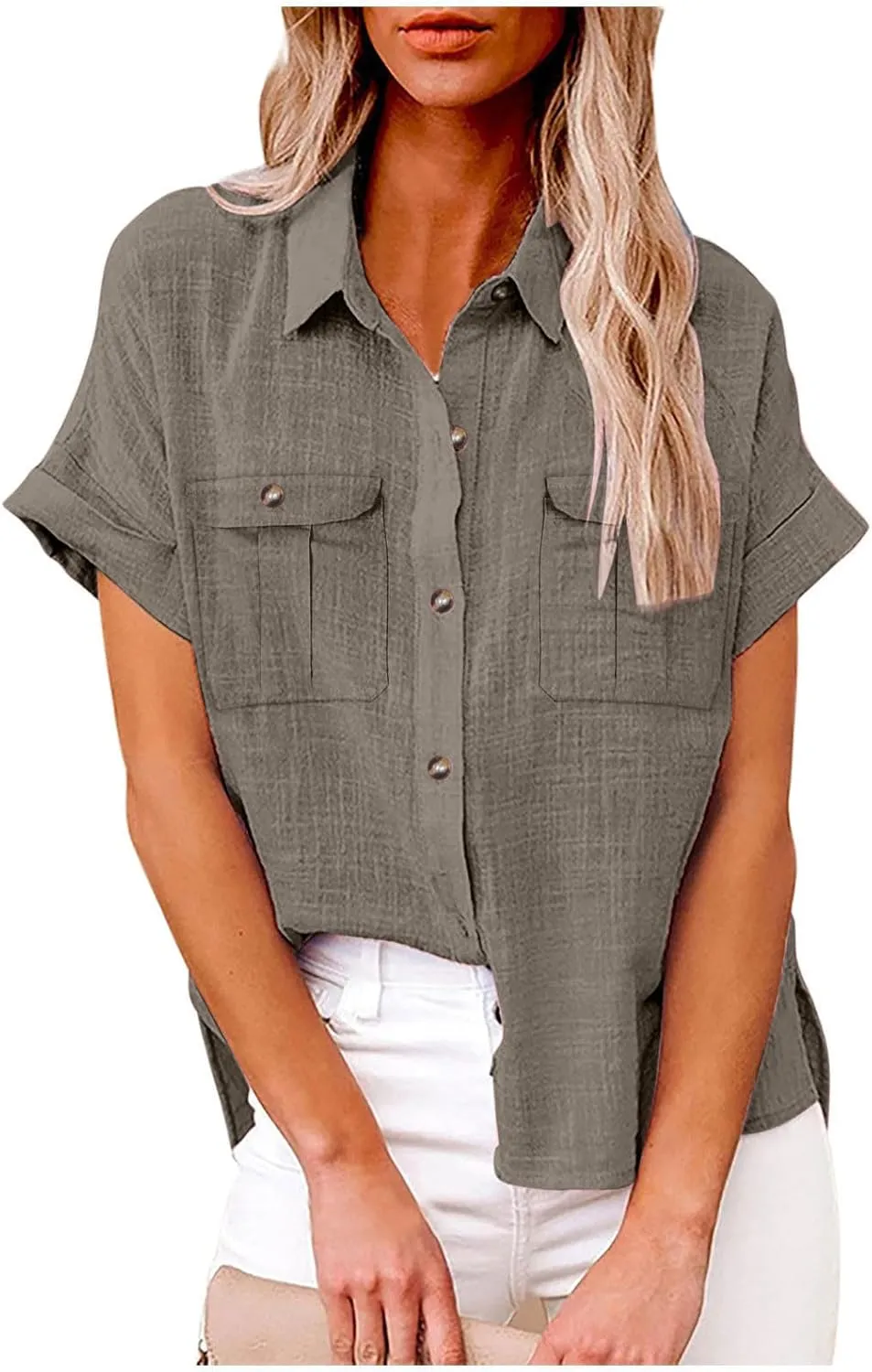 Womens Button Down Shirts Short Sleeve V Neck Casual Tunic Plain Trendy Blouses with Pockets Womens Summer Tops