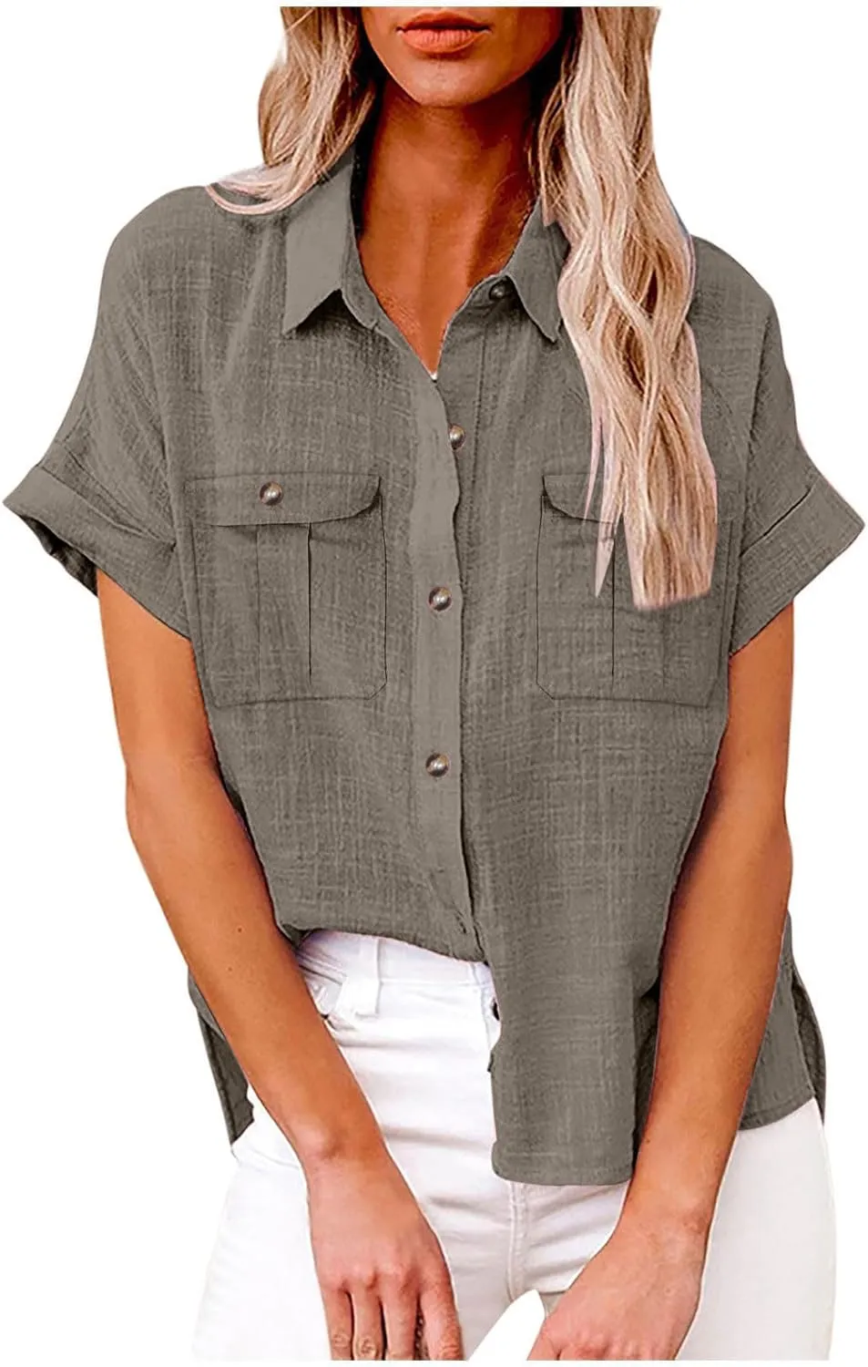 Womens Button Down Shirts Short Sleeve V Neck Casual Tunic Plain Trendy Blouses with Pockets Womens Summer Tops