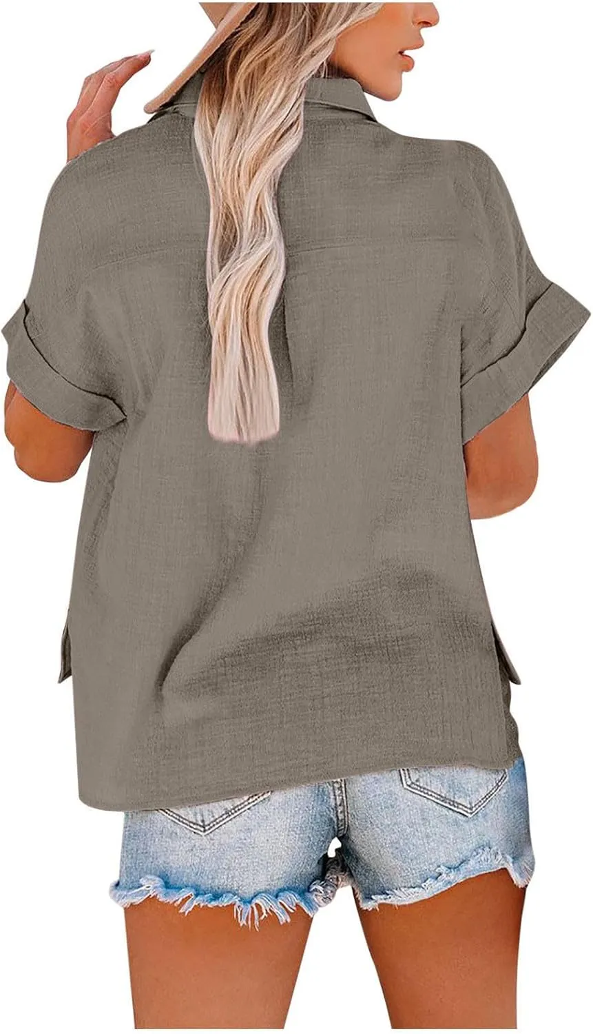 Womens Button Down Shirts Short Sleeve V Neck Casual Tunic Plain Trendy Blouses with Pockets Womens Summer Tops