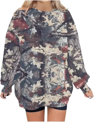 Women's Camo Sweatshirt Maple-Leaf Print Oversized Sweatshirt Fleece Crewneck Shirts Casual Fall Pullover Tops