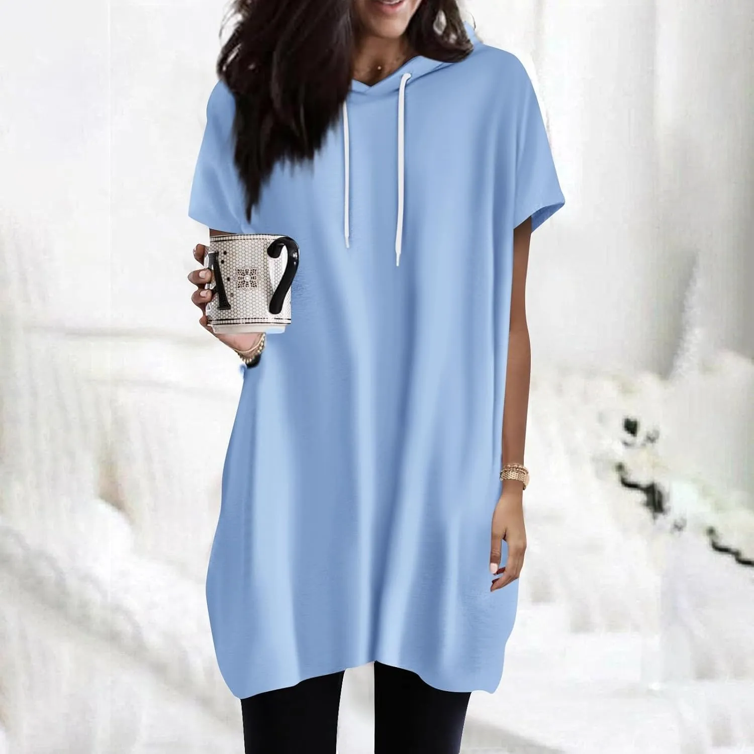 Women's Casual Summer Hoodies Short Sleeve Drawstring Hoodies Tops Front Pullover T-Shirts Tops