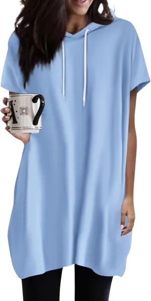 Women's Casual Summer Hoodies Short Sleeve Drawstring Hoodies Tops Front Pullover T-Shirts Tops