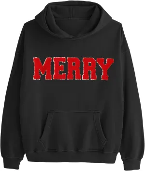 Womens Christmas Hoodie Merry Letter Printed Pullover Tops Oversized Long Sleeve Sweatshirts Xmas Holiday Tops