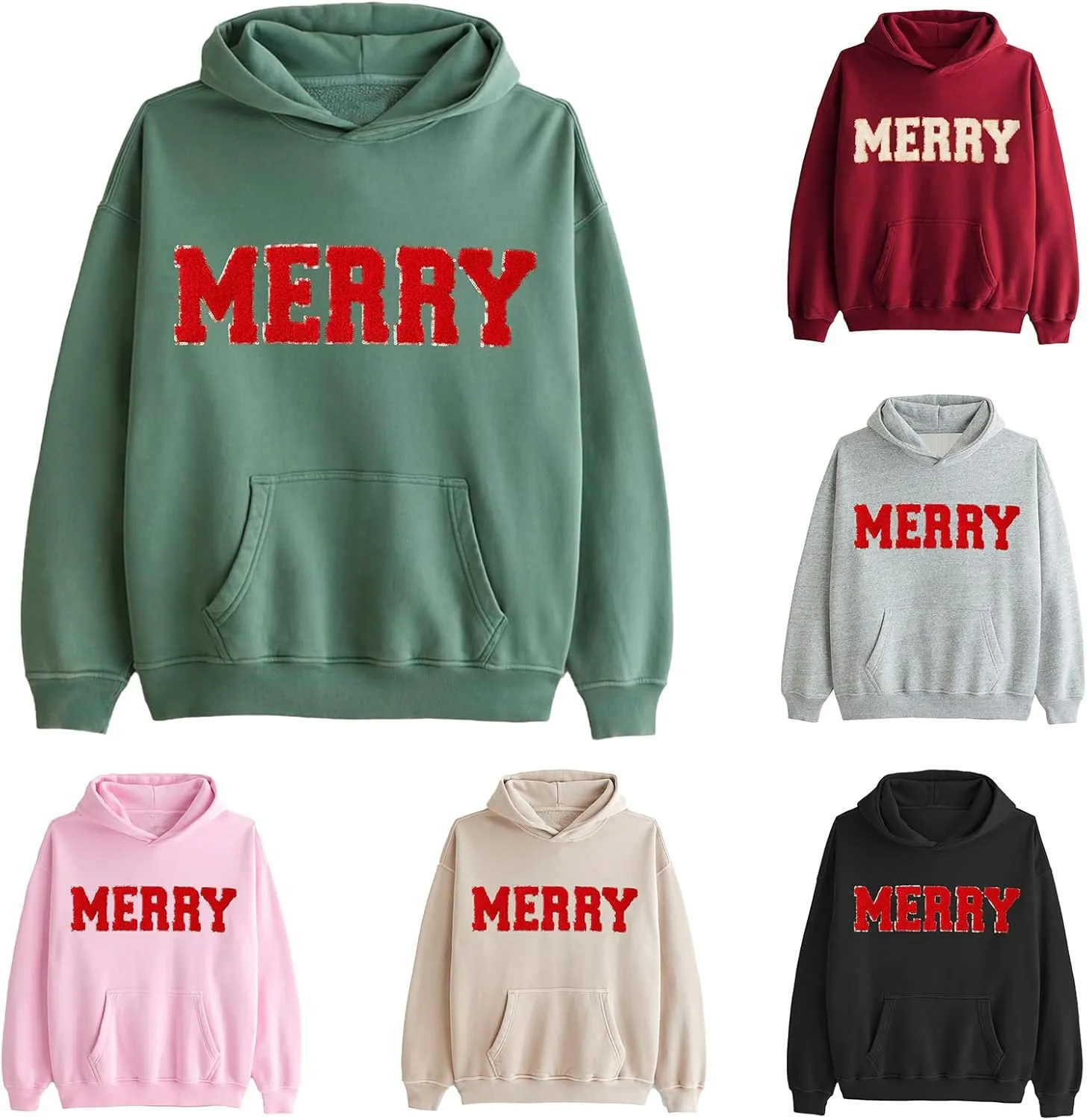Womens Christmas Hoodie Merry Letter Printed Pullover Tops Oversized Long Sleeve Sweatshirts Xmas Holiday Tops