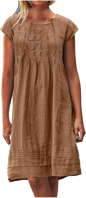 Women's Cotton Linen Midi Dress Plus Size Cap Sleeve Pleated Summer Dresses Vacation 2025 Crew Neck Casual Dress