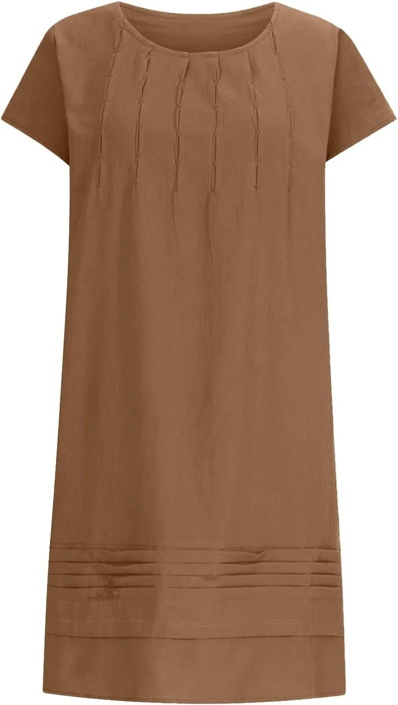 Women's Cotton Linen Midi Dress Plus Size Cap Sleeve Pleated Summer Dresses Vacation 2025 Crew Neck Casual Dress