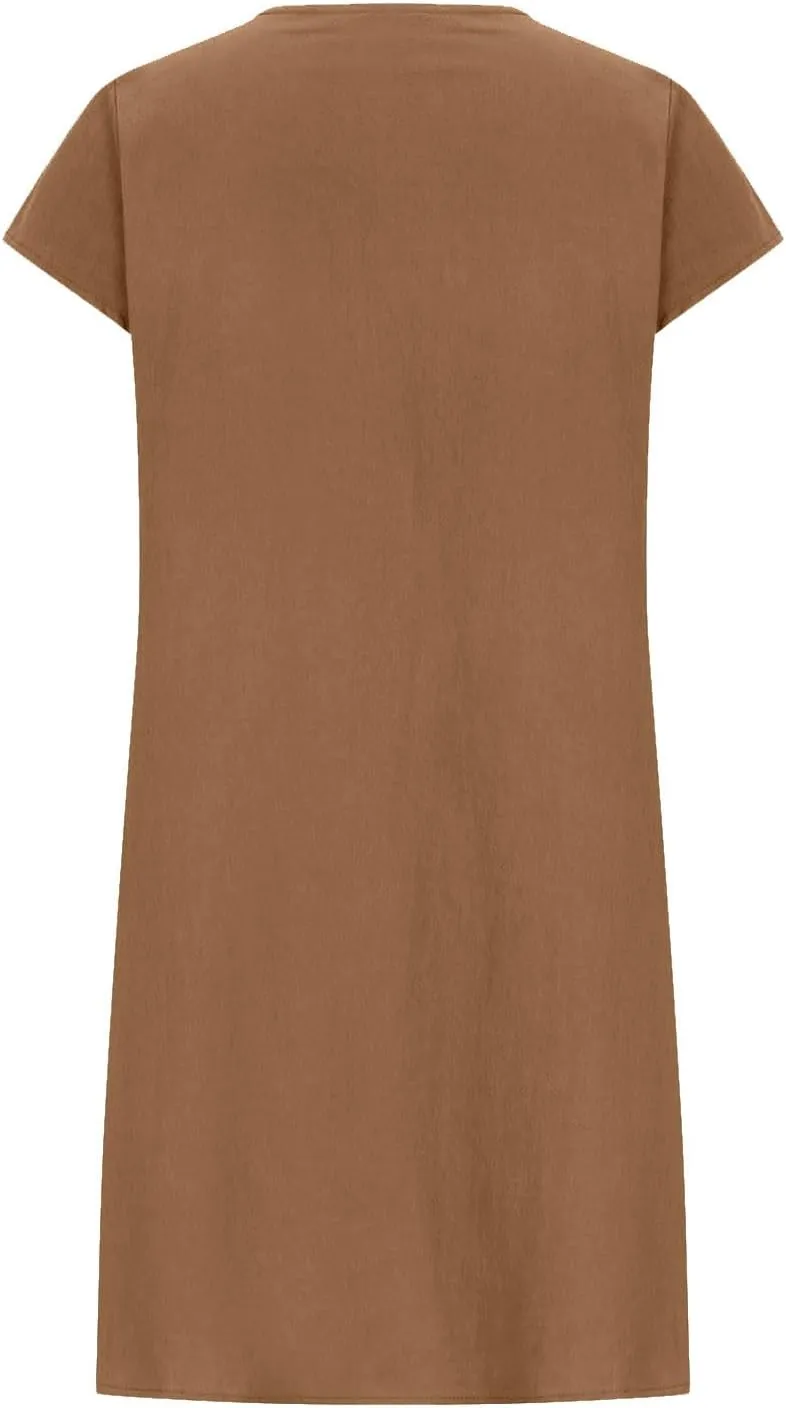 Women's Cotton Linen Midi Dress Plus Size Cap Sleeve Pleated Summer Dresses Vacation 2025 Crew Neck Casual Dress