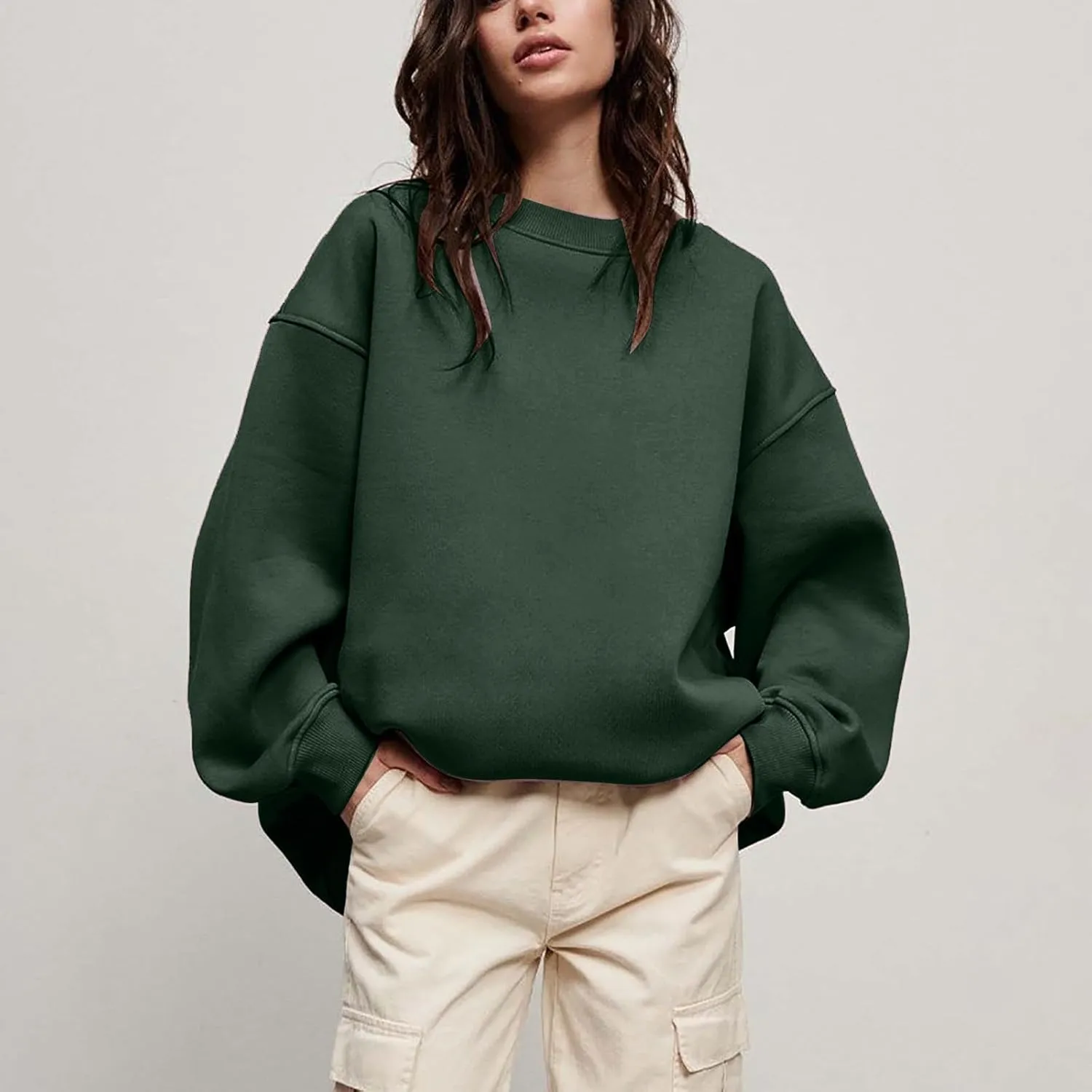 Womens Crew Neck Solid Color Sweatshirts Tops Long Sleeve Casual Pullover Cute Lightweight Loose Tops Fall Winter