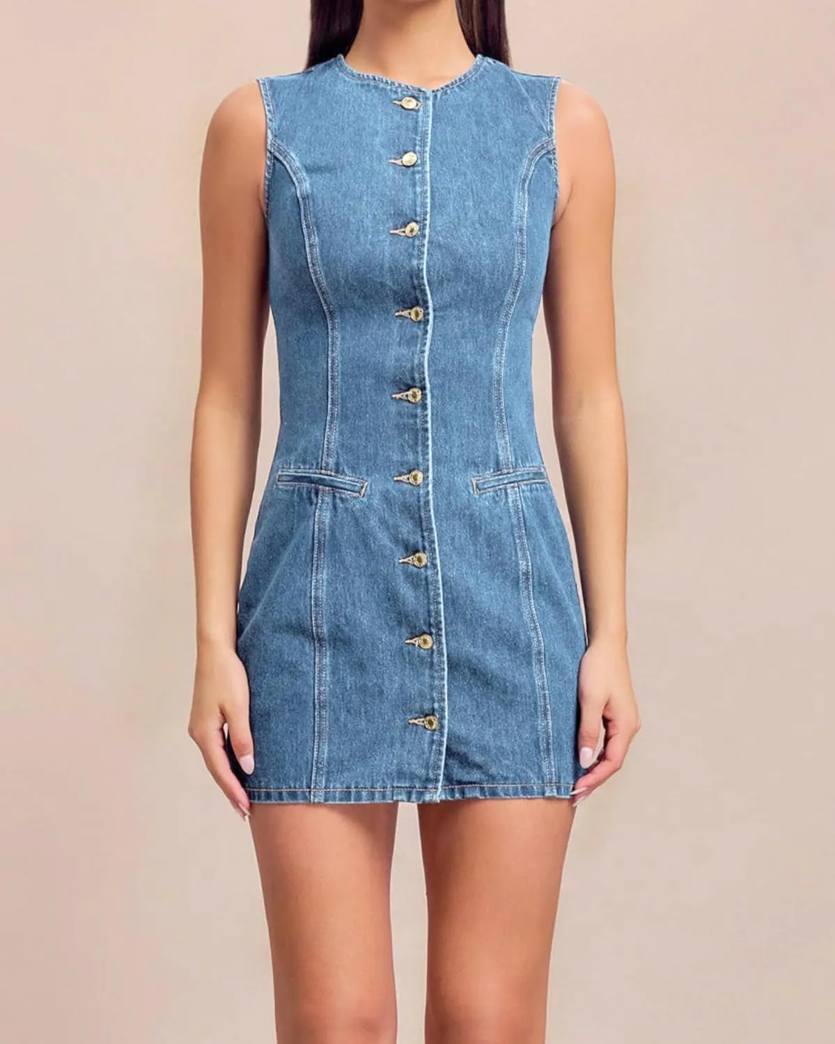 Women's Denim Mini Dress Sleeveless Crewneck Button Up Bodycon Stretchy Casual Jean Tank Dresses