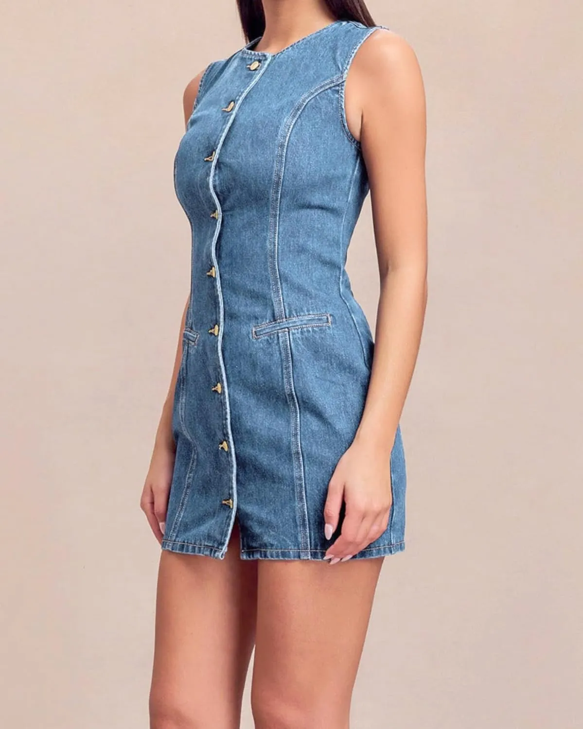 Women's Denim Mini Dress Sleeveless Crewneck Button Up Bodycon Stretchy Casual Jean Tank Dresses