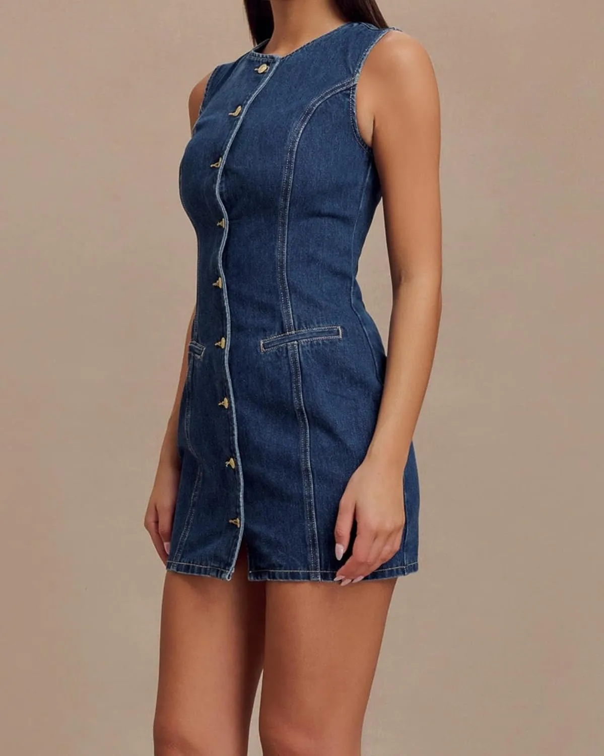 Women's Denim Mini Dress Sleeveless Crewneck Button Up Bodycon Stretchy Casual Jean Tank Dresses