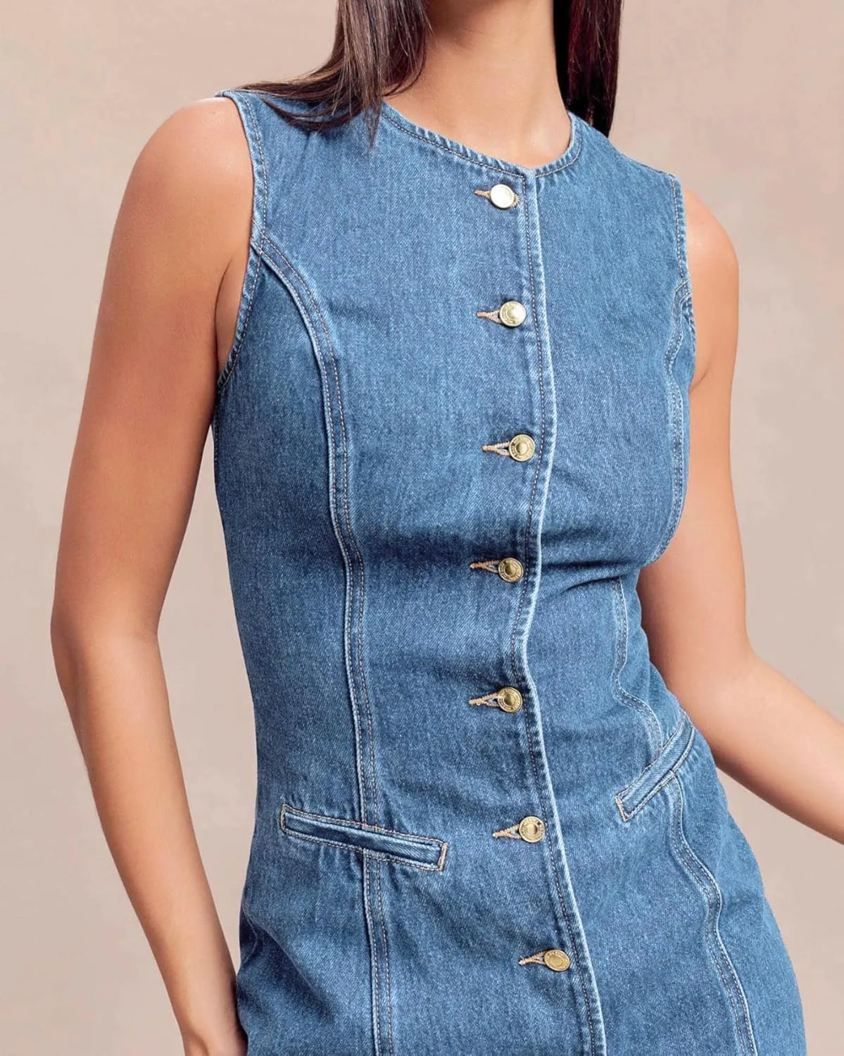 Women's Denim Mini Dress Sleeveless Crewneck Button Up Bodycon Stretchy Casual Jean Tank Dresses