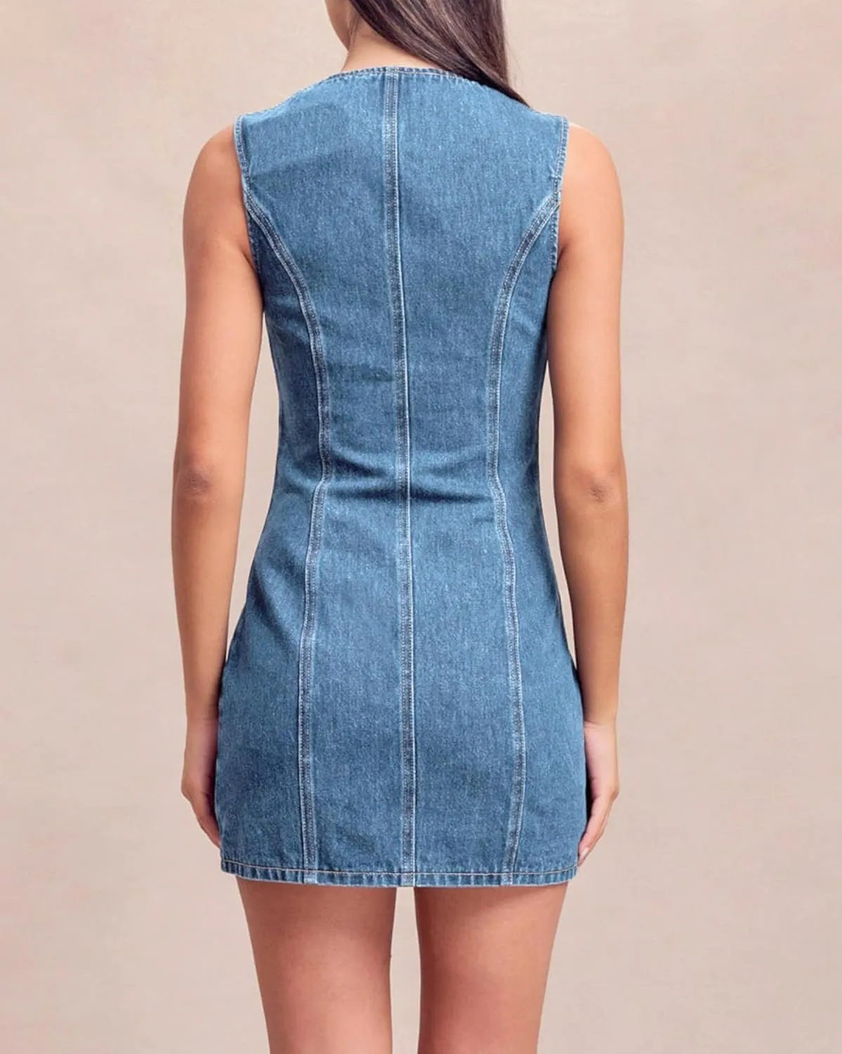 Women's Denim Mini Dress Sleeveless Crewneck Button Up Bodycon Stretchy Casual Jean Tank Dresses