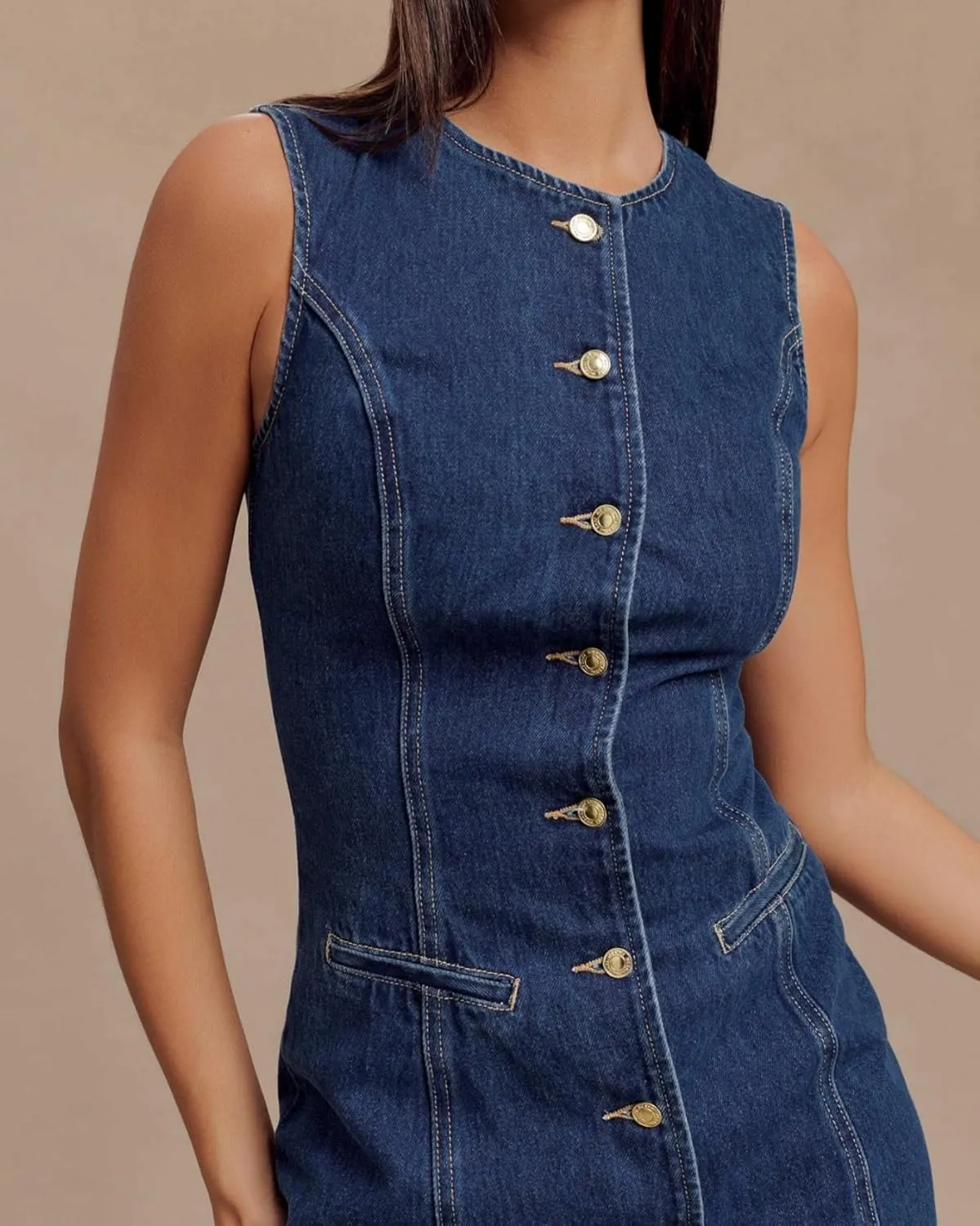 Women's Denim Mini Dress Sleeveless Crewneck Button Up Bodycon Stretchy Casual Jean Tank Dresses