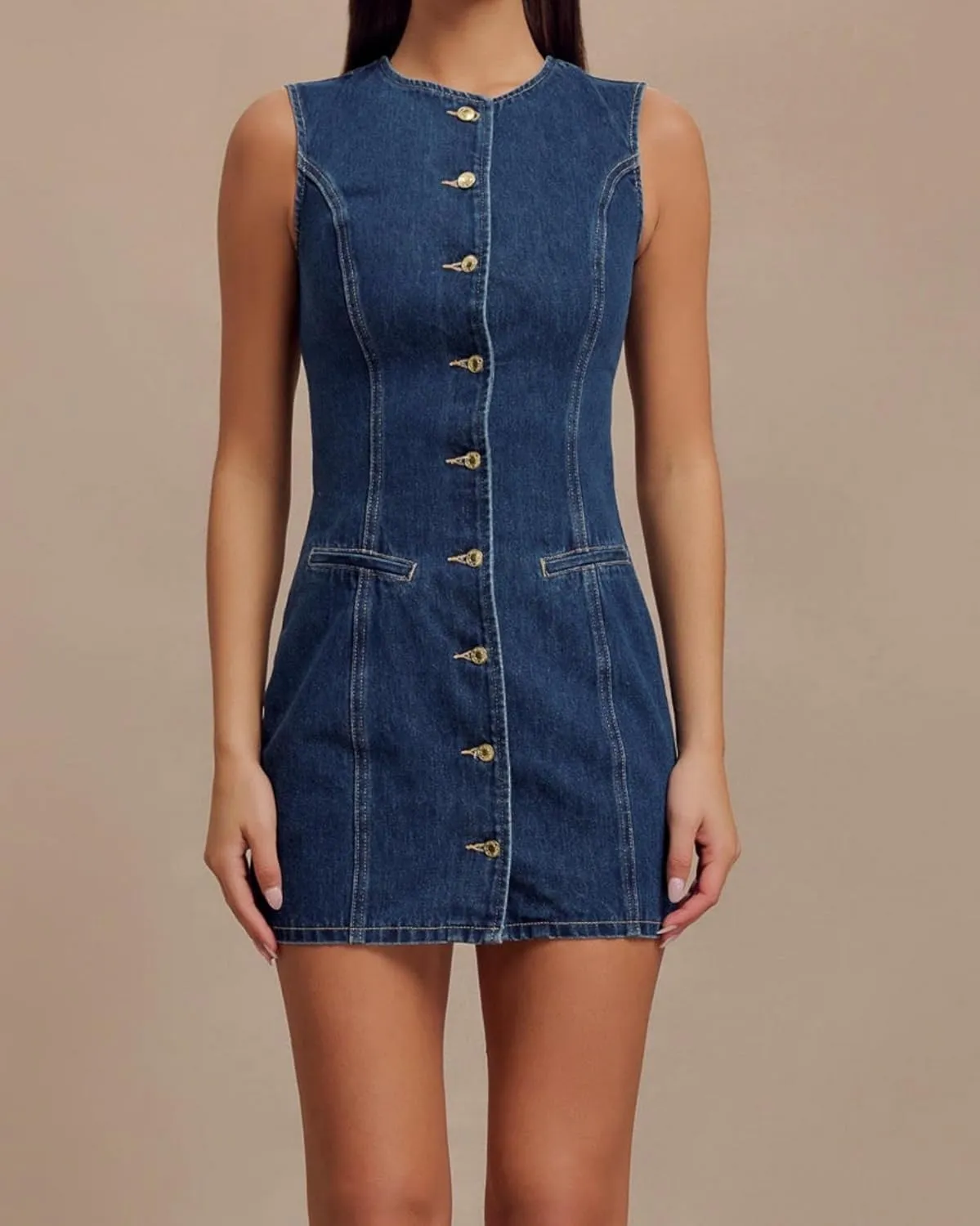 Women's Denim Mini Dress Sleeveless Crewneck Button Up Bodycon Stretchy Casual Jean Tank Dresses