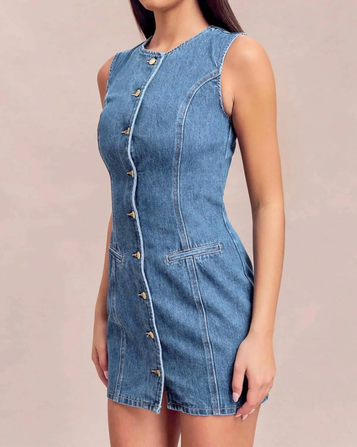 Women's Denim Mini Dress Sleeveless Crewneck Button Up Bodycon Stretchy Casual Jean Tank Dresses