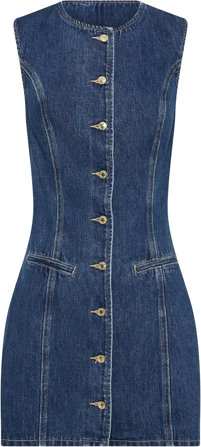 Women's Denim Mini Dress Sleeveless Crewneck Button Up Bodycon Stretchy Casual Jean Tank Dresses