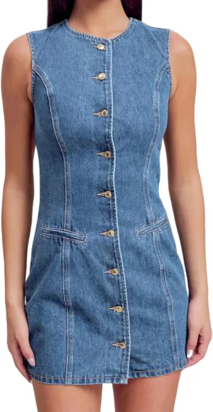 Women's Denim Mini Dress Sleeveless Crewneck Button Up Bodycon Stretchy Casual Jean Tank Dresses
