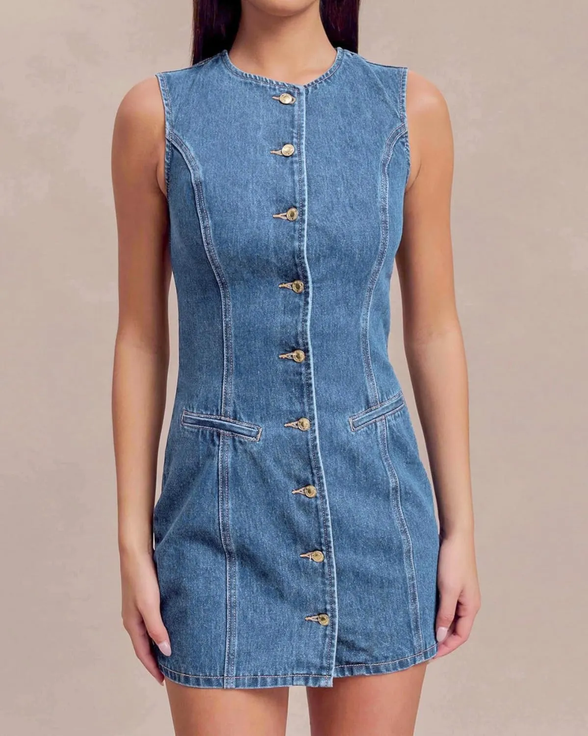 Women's Denim Mini Dress Sleeveless Crewneck Button Up Bodycon Stretchy Casual Jean Tank Dresses