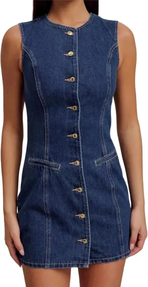 Women's Denim Mini Dress Sleeveless Crewneck Button Up Bodycon Stretchy Casual Jean Tank Dresses