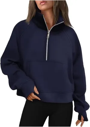 Women's Fashion Casual Half Zipper Short Stand Collar Plus Fleece Solid Color Hoodie Ladies Sweatsuits