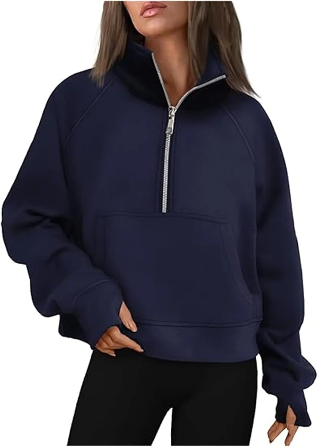 Women's Fashion Casual Half Zipper Short Stand Collar Plus Fleece Solid Color Hoodie Ladies Sweatsuits
