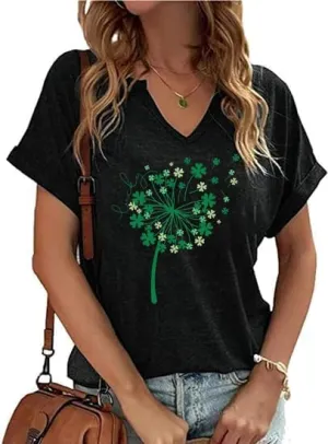 Women's Floral T-Shirts V-Neck Dandelion Sun Flower Graphic Casual Tee Boho Tops Cute Wildflowers Shirts