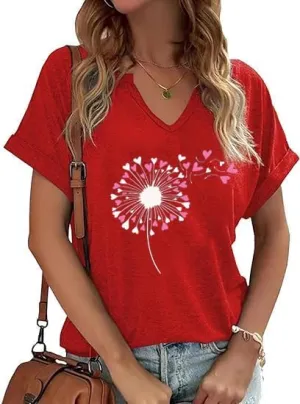 Women's Floral T-Shirts V-Neck Dandelion Sun Flower Graphic Casual Tee Boho Tops Cute Wildflowers Shirts