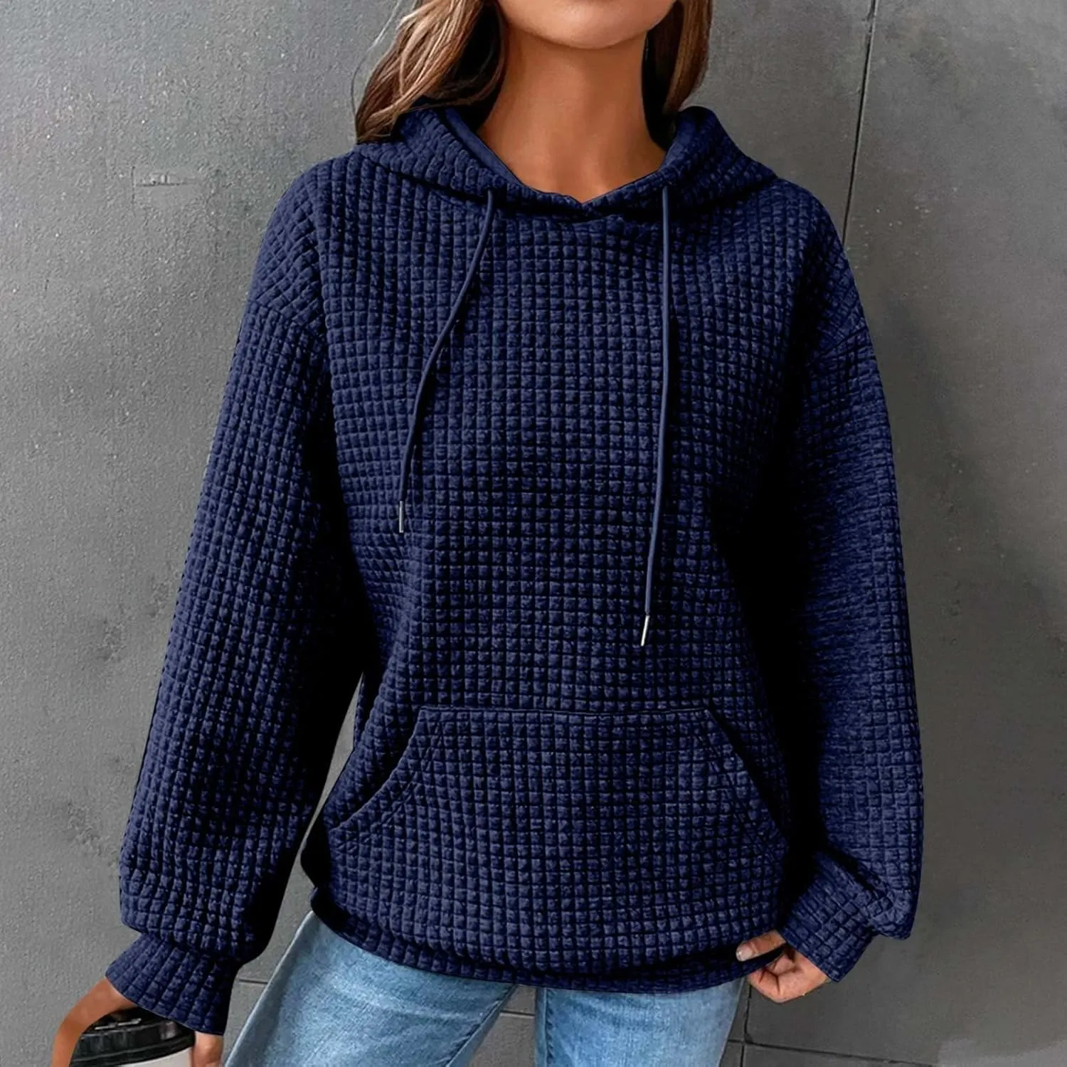Womens Hoodies Fall Winter Waffle Knit Drawstring Cute Sweatshirts with Pocket Trendy Pullover