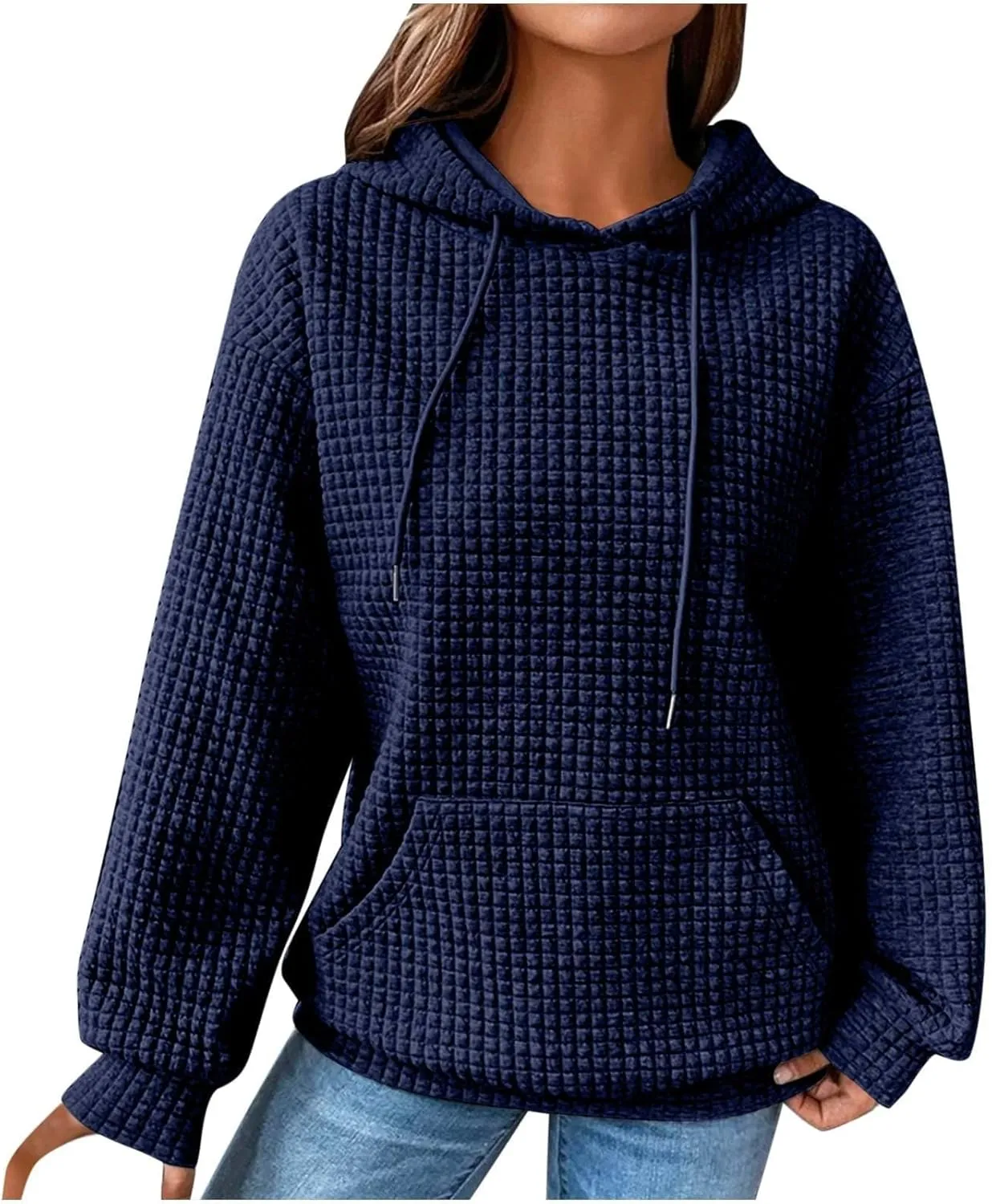 Womens Hoodies Fall Winter Waffle Knit Drawstring Cute Sweatshirts with Pocket Trendy Pullover