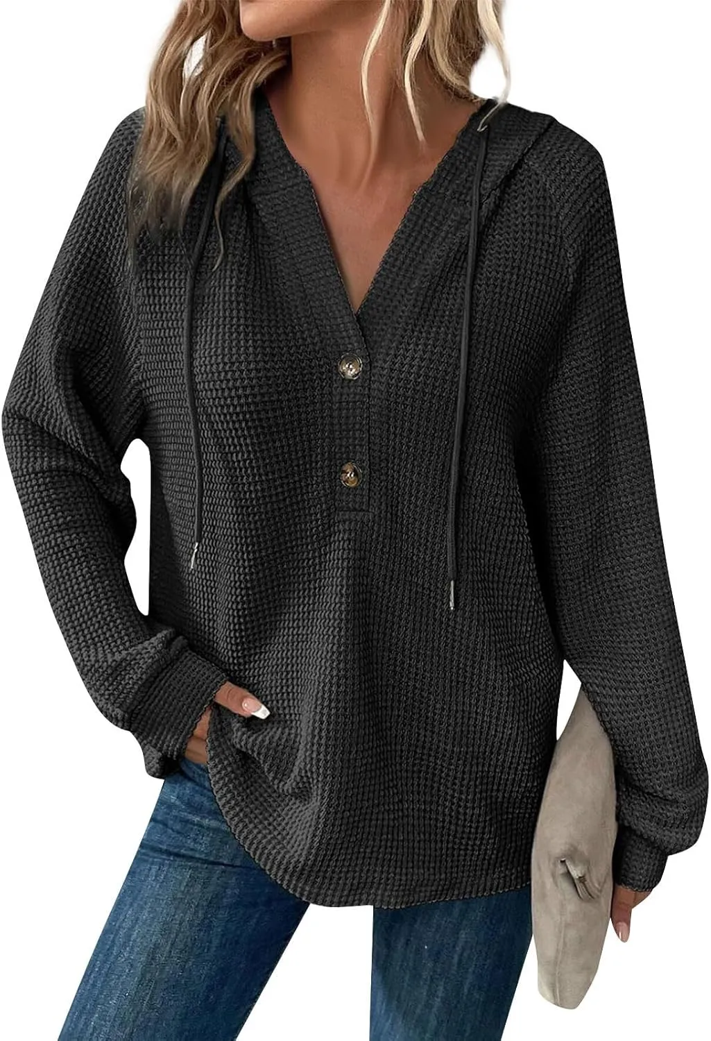 Womens Hoodies Waffle Knit Drawstring Long Sleeve Pullover Casual V Neck Oversized Button Up Sweatshirt Tops