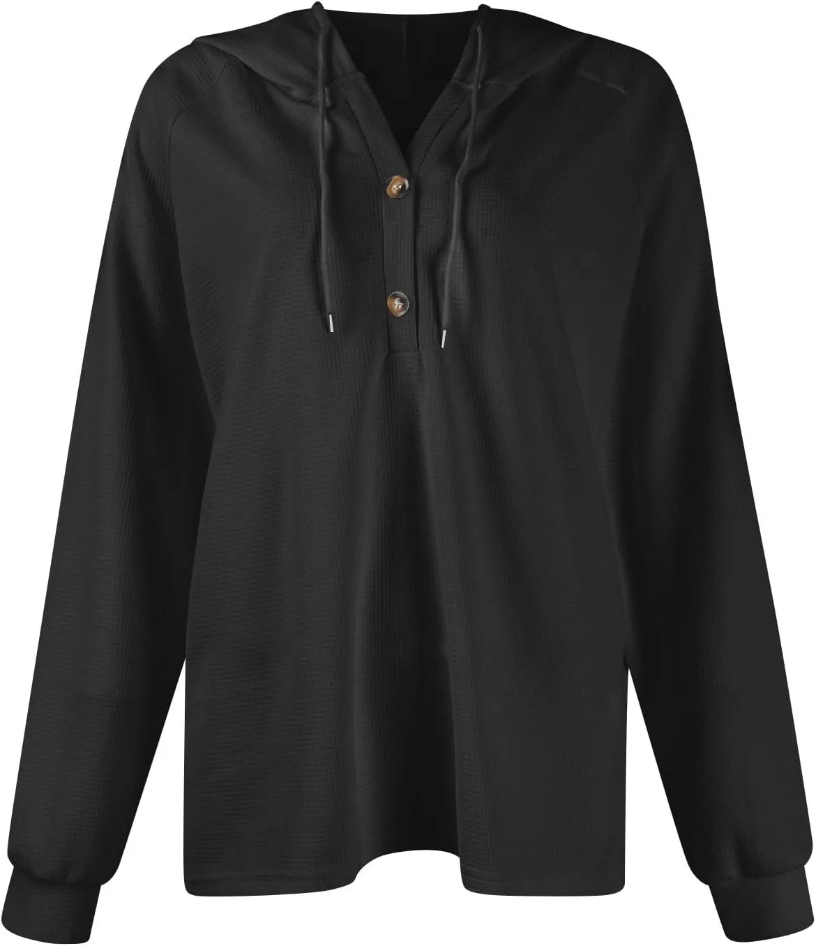 Womens Hoodies Waffle Knit Drawstring Long Sleeve Pullover Casual V Neck Oversized Button Up Sweatshirt Tops