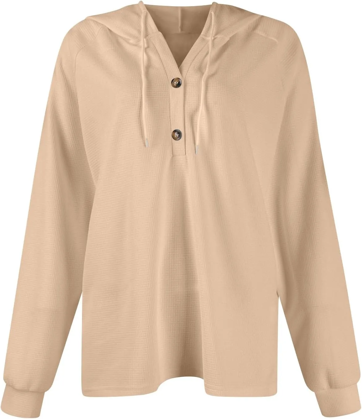 Womens Hoodies Waffle Knit Drawstring Long Sleeve Pullover Casual V Neck Oversized Button Up Sweatshirt Tops