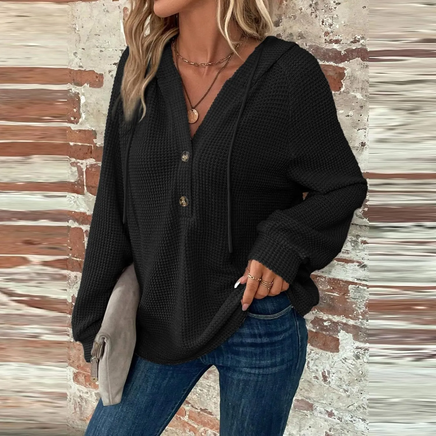 Womens Hoodies Waffle Knit Drawstring Long Sleeve Pullover Casual V Neck Oversized Button Up Sweatshirt Tops