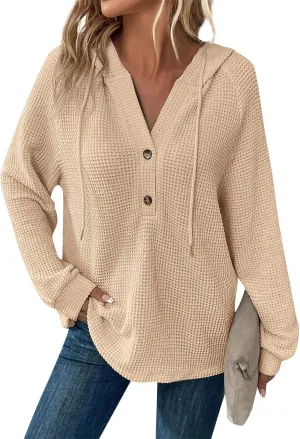 Womens Hoodies Waffle Knit Drawstring Long Sleeve Pullover Casual V Neck Oversized Button Up Sweatshirt Tops