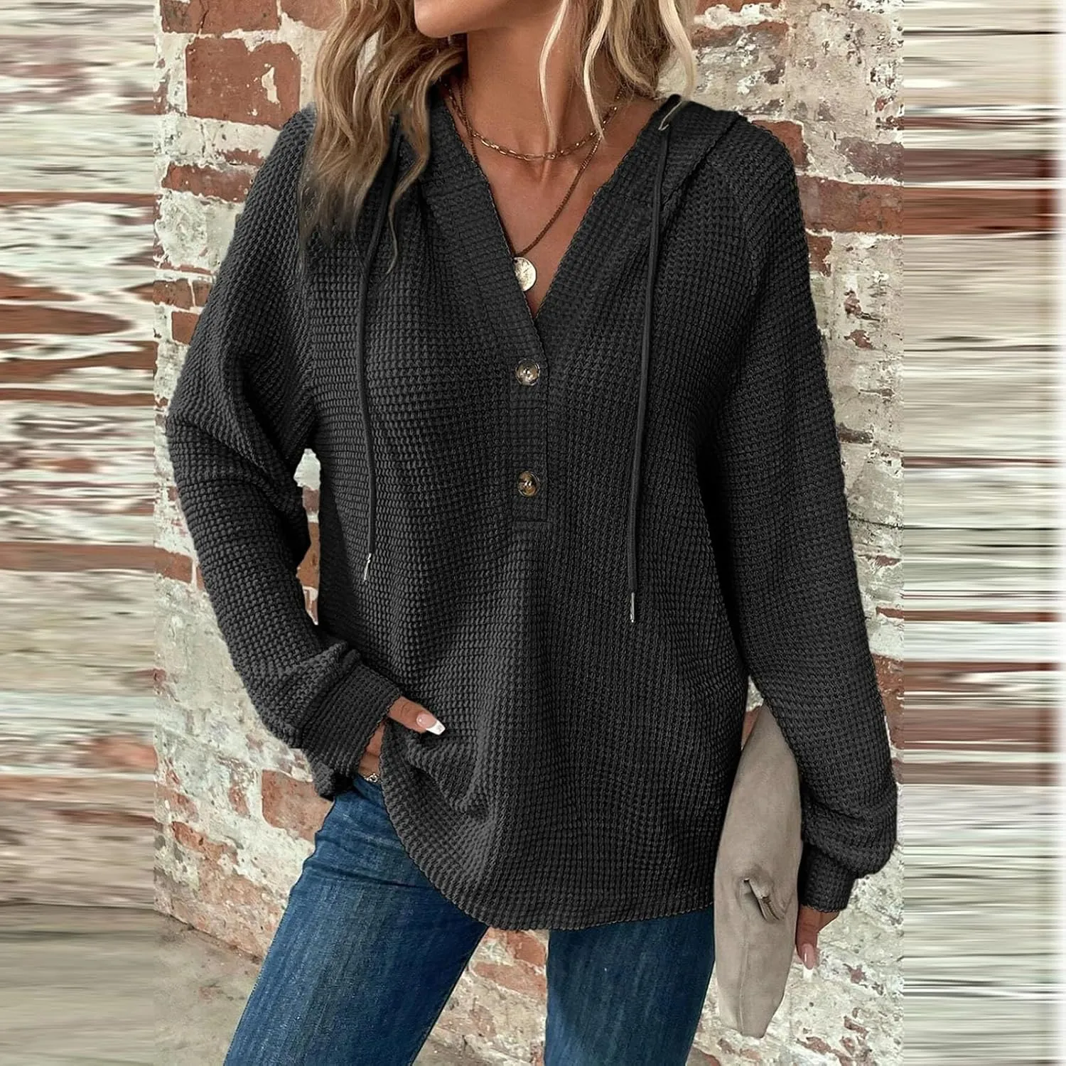 Womens Hoodies Waffle Knit Drawstring Long Sleeve Pullover Casual V Neck Oversized Button Up Sweatshirt Tops