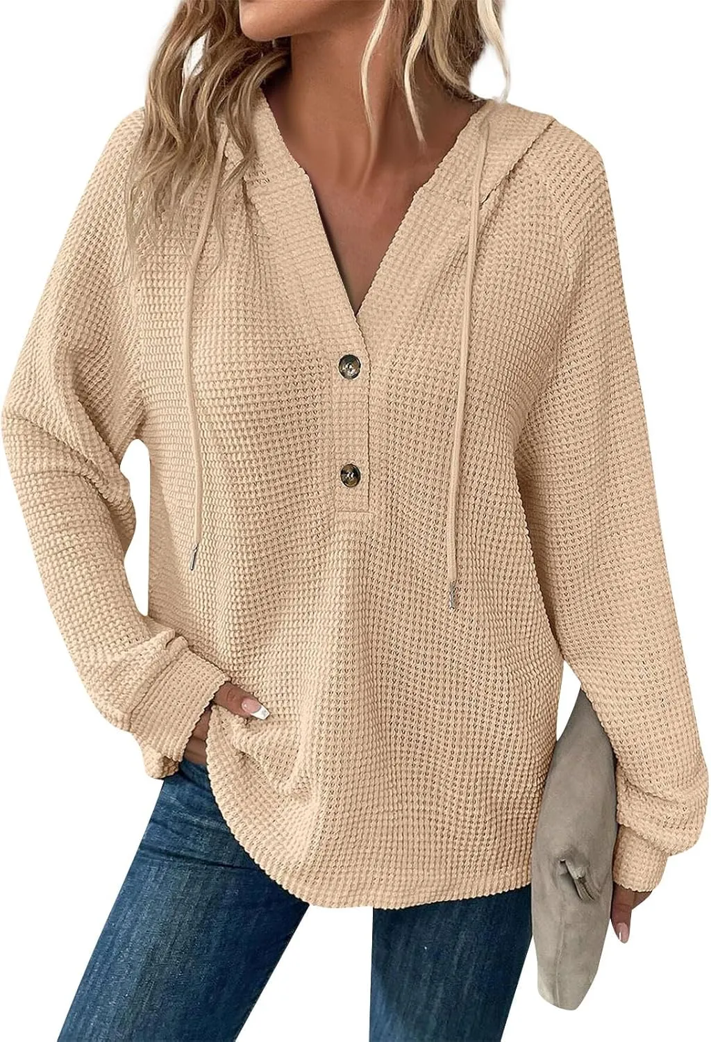 Womens Hoodies Waffle Knit Drawstring Long Sleeve Pullover Casual V Neck Oversized Button Up Sweatshirt Tops