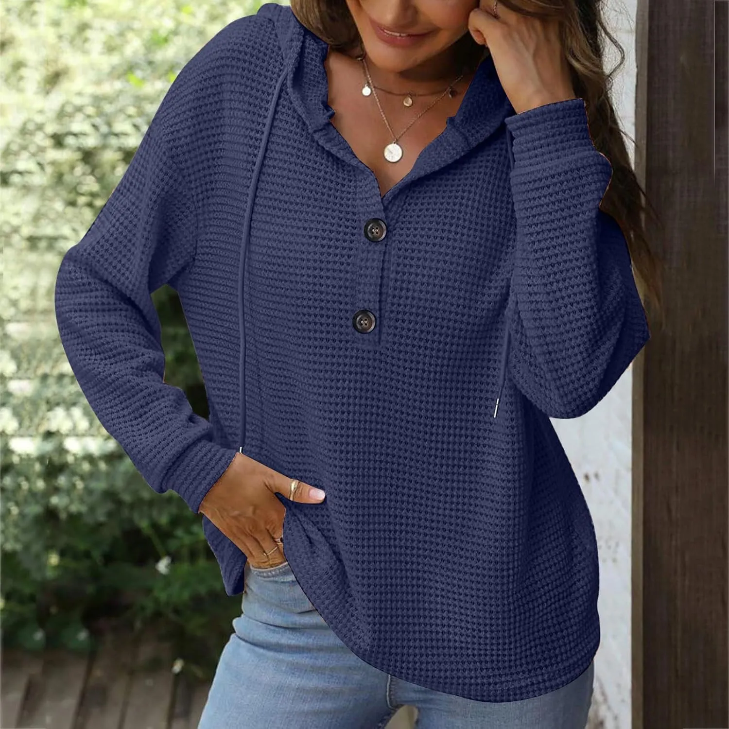 Women's Hoodies Waffle Knit Tops Drawstring Hoodie Casual Button V Neck Long Sleeve Hooded Sweatshirt Pullover
