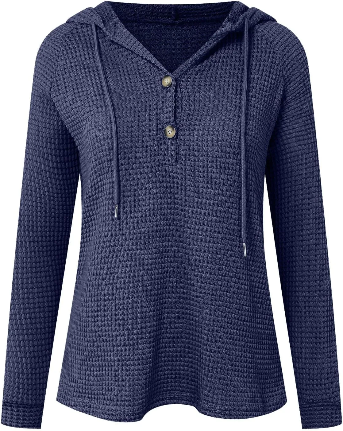 Women's Hoodies Waffle Knit Tops Drawstring Hoodie Casual Button V Neck Long Sleeve Hooded Sweatshirt Pullover