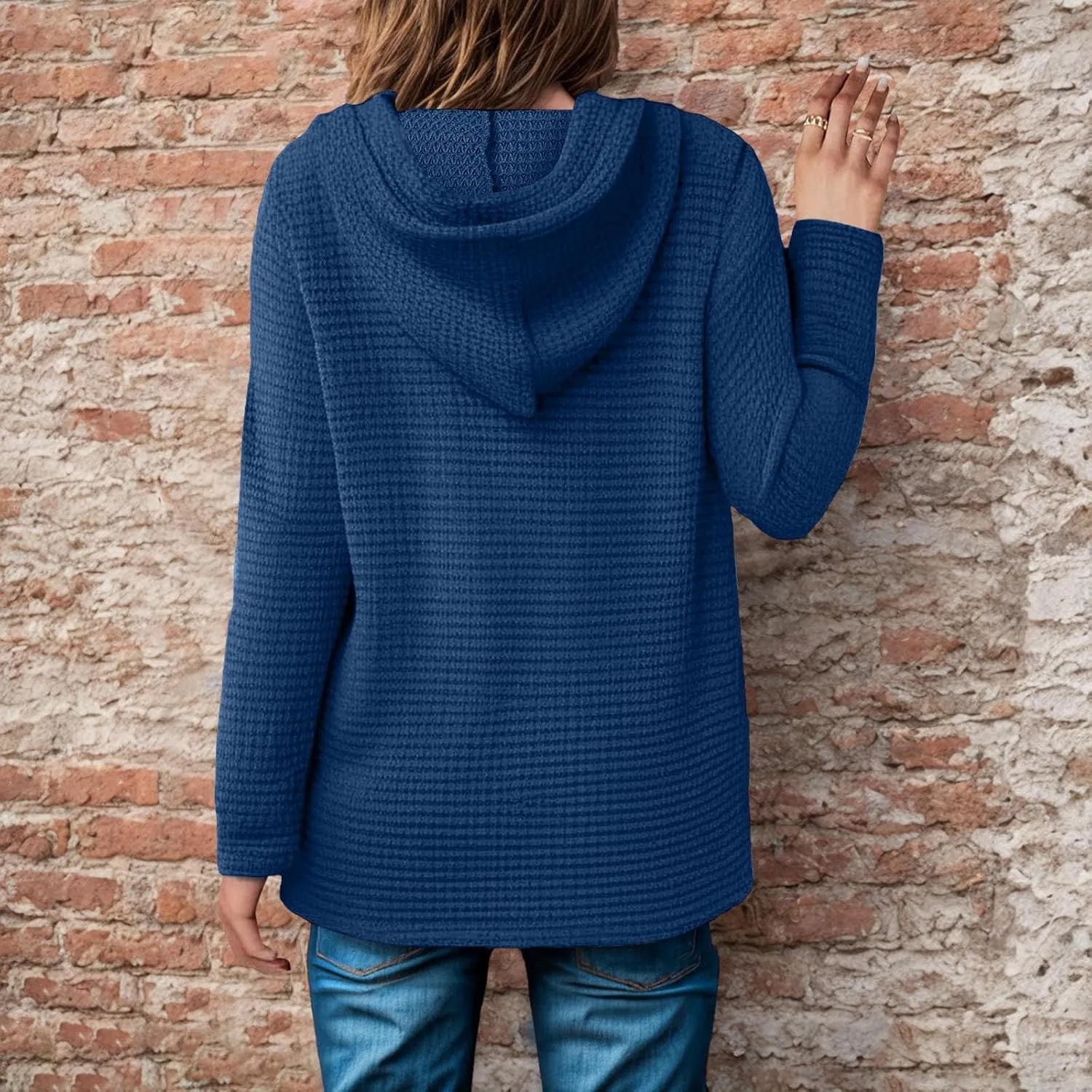 Women's Hoodies Waffle Knit Tops Drawstring Hoodie Casual Button V Neck Long Sleeve Hooded Sweatshirt Pullover