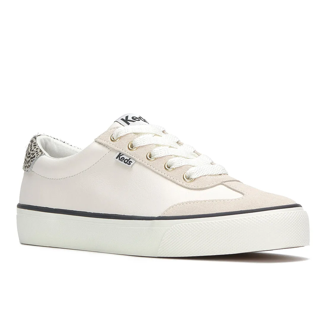 Women's Jump Kick T-Toe Leather/Suede Hair Calf Heel Sneaker Snow White/Cream/Black (WH68631-JKTOE7110)