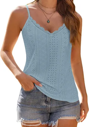 Womens Lace Camisole Tops V Neck Spaghetti Strap Cute Top Sleeveless Blouses Loose Fit Eyelet Tops for Women