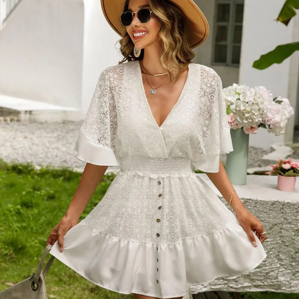 Womens Lace Crochet Romper,Plus Size Summer Dresses,Short Beach Dress,Flowy Mini Dress,Batwing Sleeve Sundress