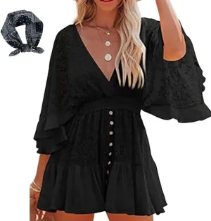 Womens Lace Crochet Romper,Plus Size Summer Dresses,Short Beach Dress,Flowy Mini Dress,Batwing Sleeve Sundress