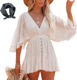 Womens Lace Crochet Romper,Plus Size Summer Dresses,Short Beach Dress,Flowy Mini Dress,Batwing Sleeve Sundress