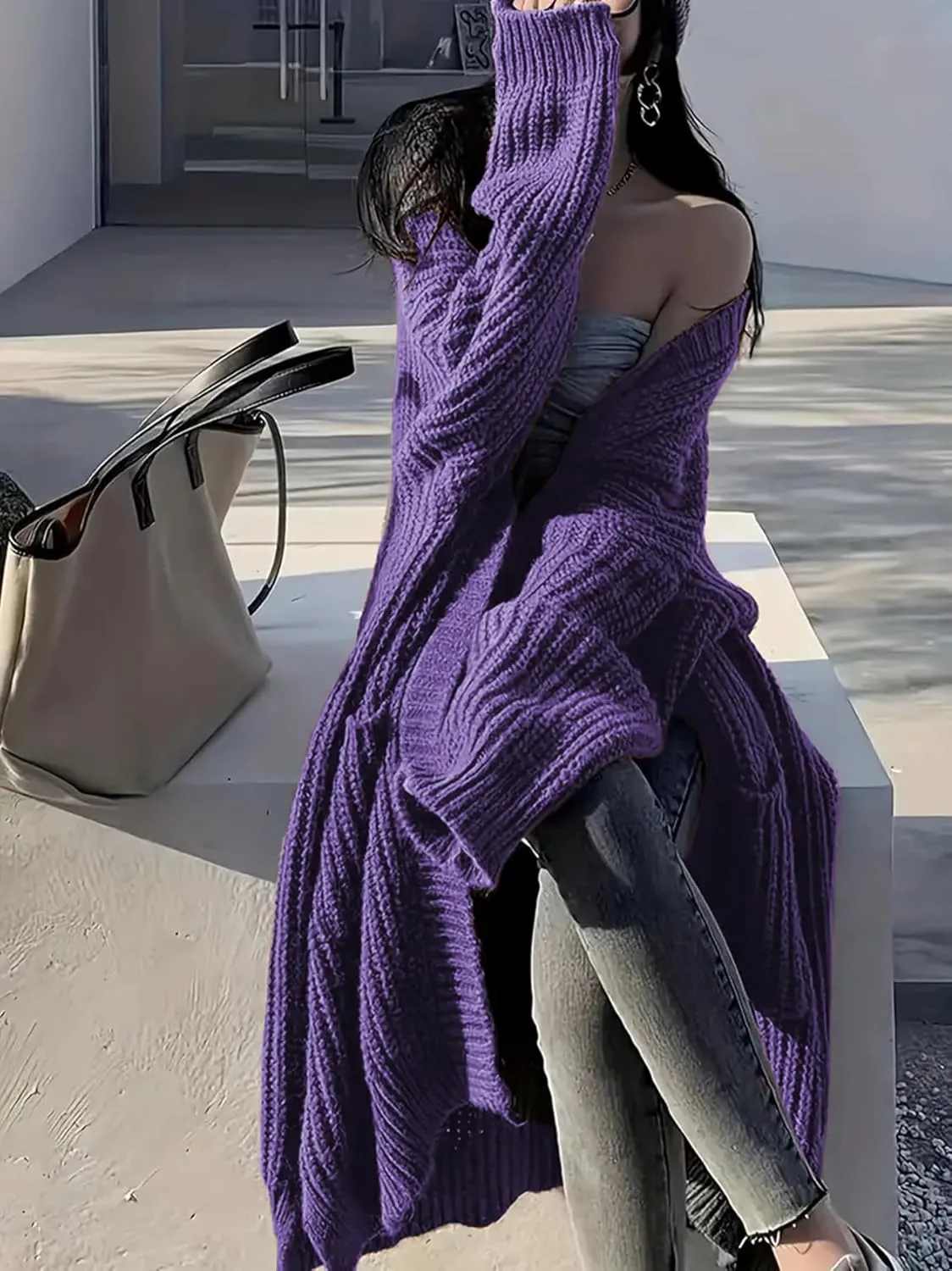 Womens Long Sleeve Cardigan Sweaters Open Front Knit Long Cardigans Duster with Pockets 2024 Fall Winter Oversized Coat