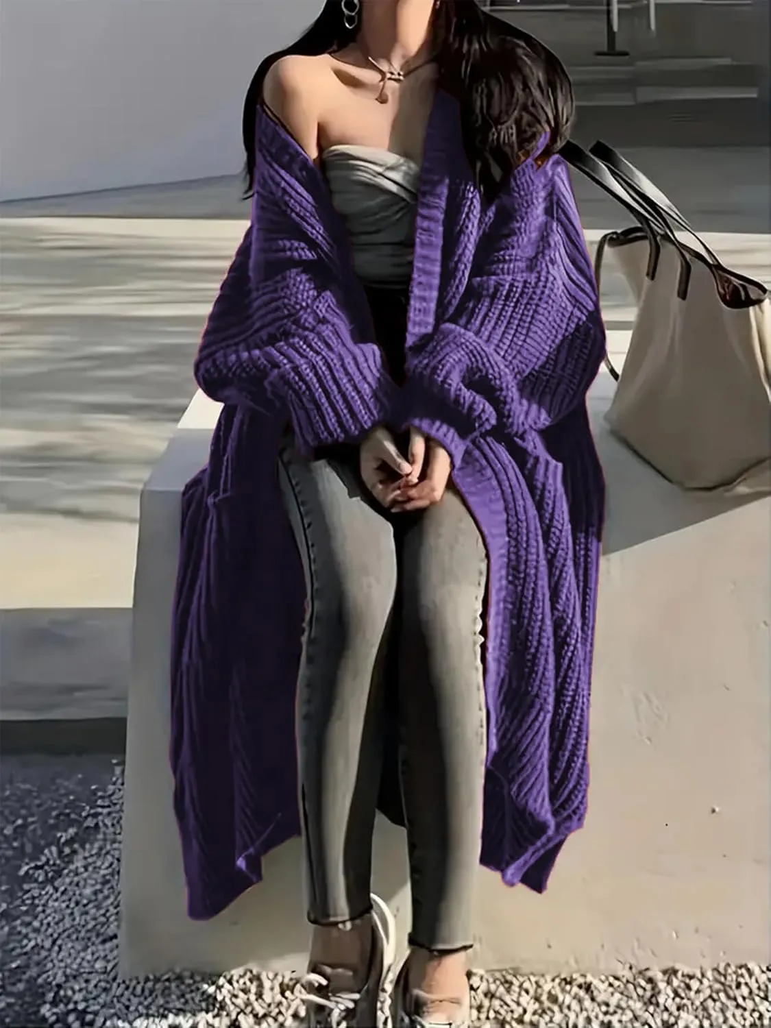 Womens Long Sleeve Cardigan Sweaters Open Front Knit Long Cardigans Duster with Pockets 2024 Fall Winter Oversized Coat