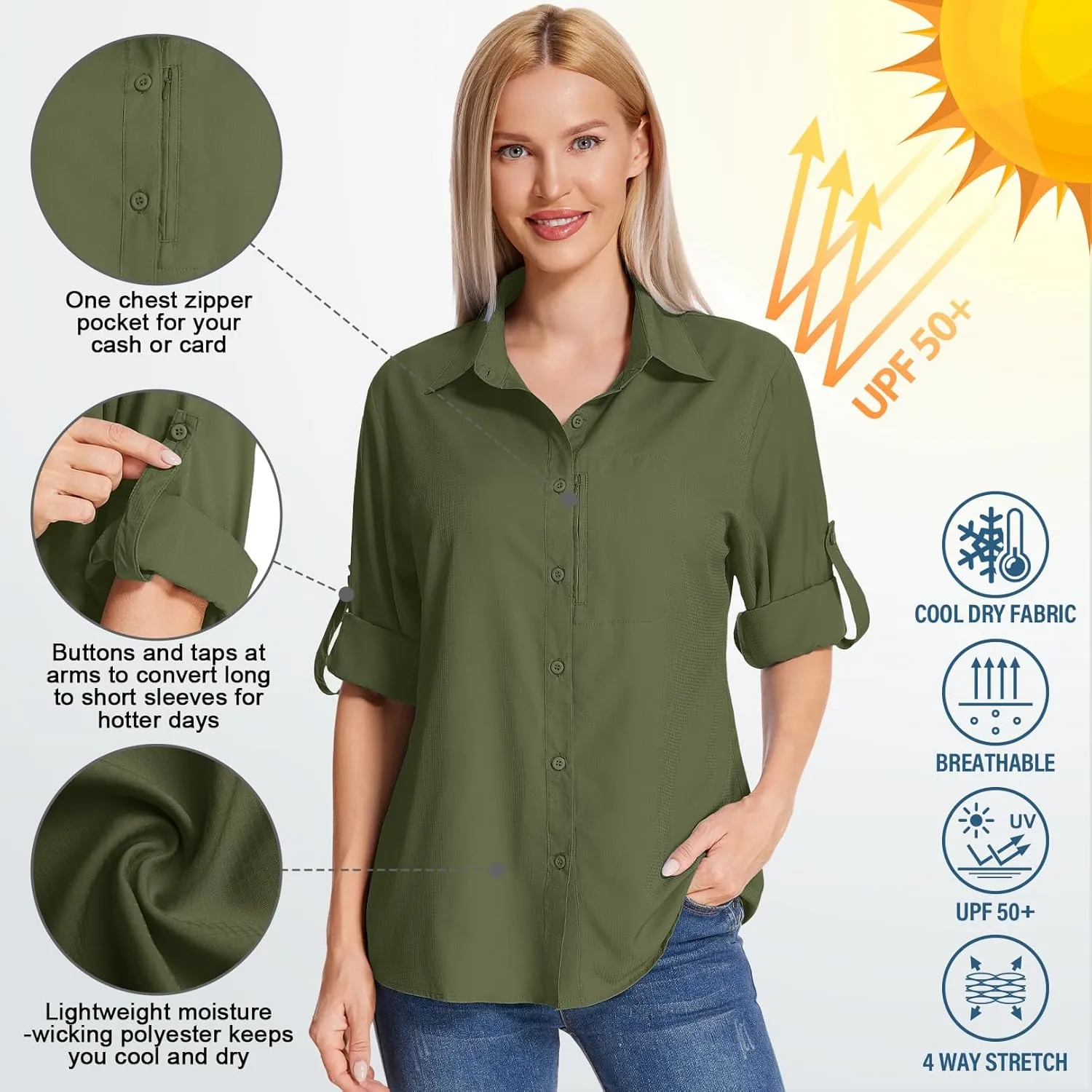 Women's Long Sleeve Safari Clothes UPF 50  Hiking Fishing Shirts,Sun Protection Quick Dry Light Cooling Shirts