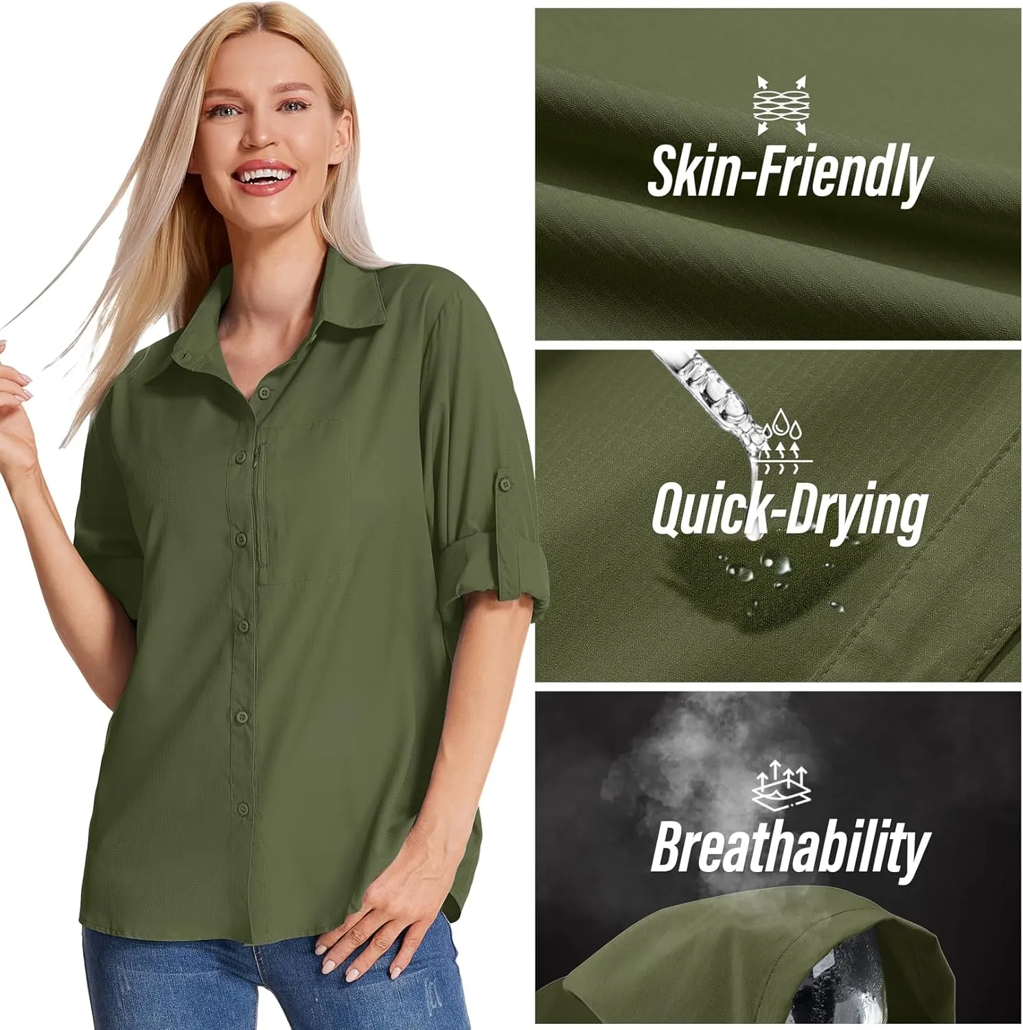 Women's Long Sleeve Safari Clothes UPF 50  Hiking Fishing Shirts,Sun Protection Quick Dry Light Cooling Shirts